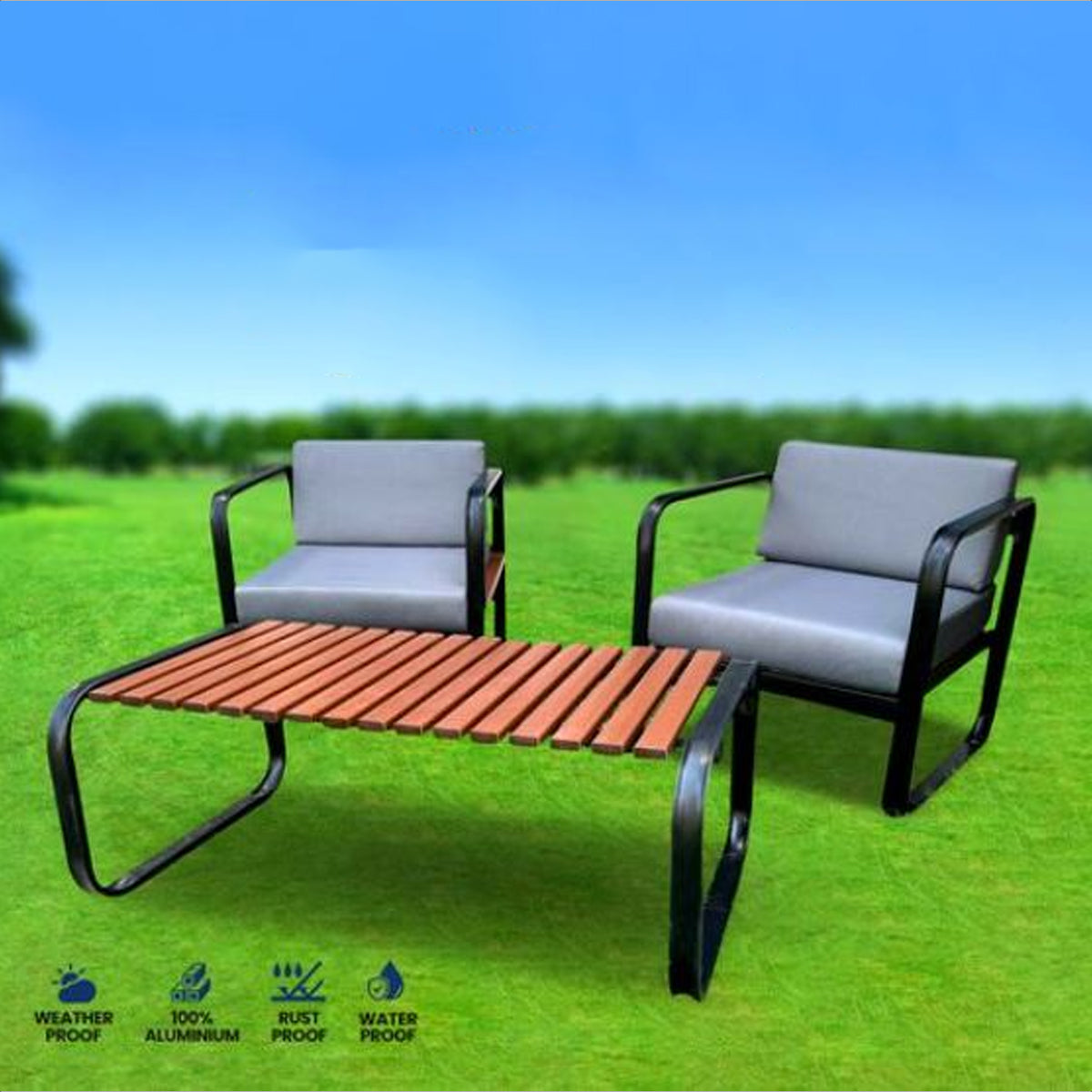 Atis 2 Seater Aluminium Outdoor Patio Sofa Set With Coffee Table