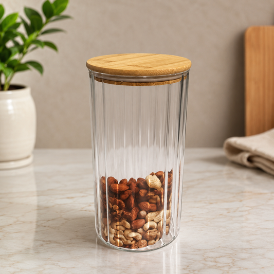 Transparent Storage Jar with wooden bamboo Lid, Round Shape, Clear, Large - Habitt