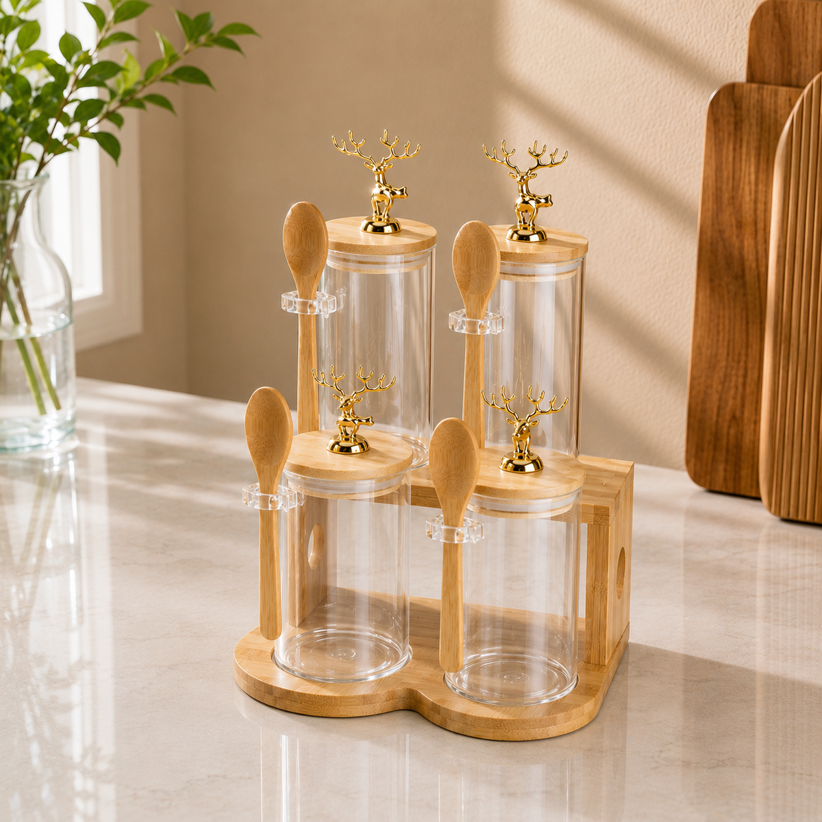 4 Piece Transparent Color Preserving Jar Set with Wooden Stand | Kitchen Storage Organizer