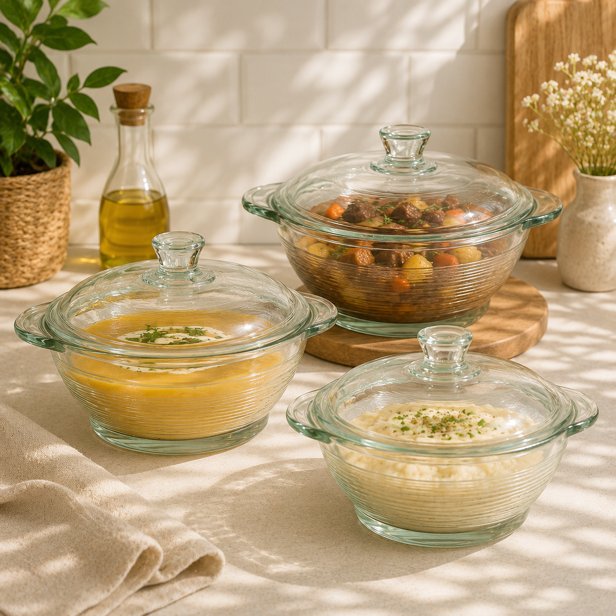 3-Piece Clear Glass Casserole Set – Heat-Resistant Cooking & Serving Bowls with Lids (Total 3250 ml)