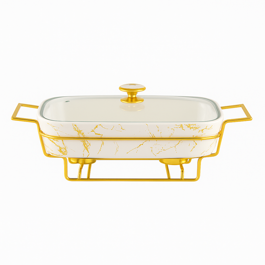 12" Marble-Design Ceramic Casserole With Gold Stand – Premium Serving & Warming Dish