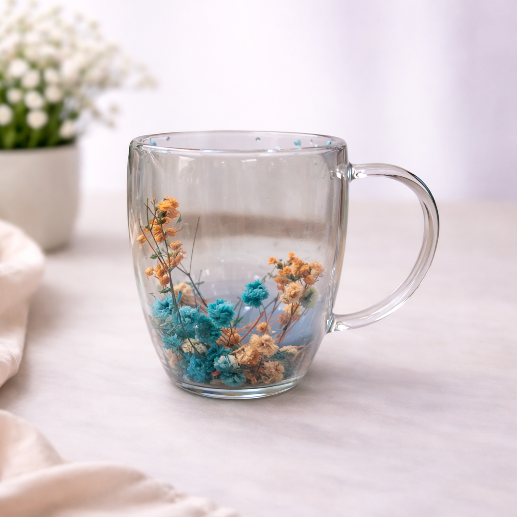 Double Wall Floral Mug – Transparent Tea & Coffee Cup with Dried Flowers