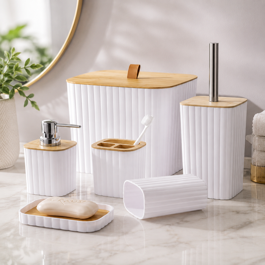 6PC ABS Plastic Washroom Set – Complete Bathroom Accessories Set with Soap Dispenser, Toothbrush Holder, Soap Dish, Toilet Brush & Waste Bin