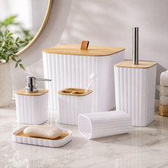 6PC ABS Plastic Washroom Set – Complete Bathroom Accessories Set with Soap Dispenser, Toothbrush Holder, Soap Dish, Toilet Brush & Waste Bin