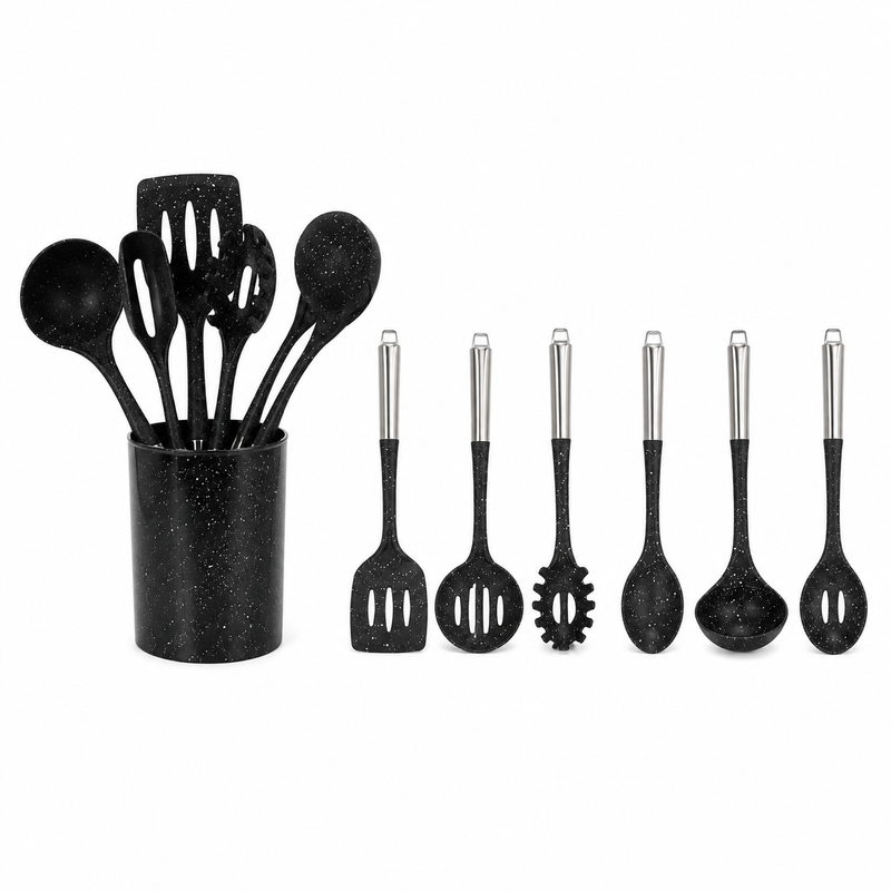 12 Pcs Kitchen Spoon & Utensil Set with Holder – Black Speckled