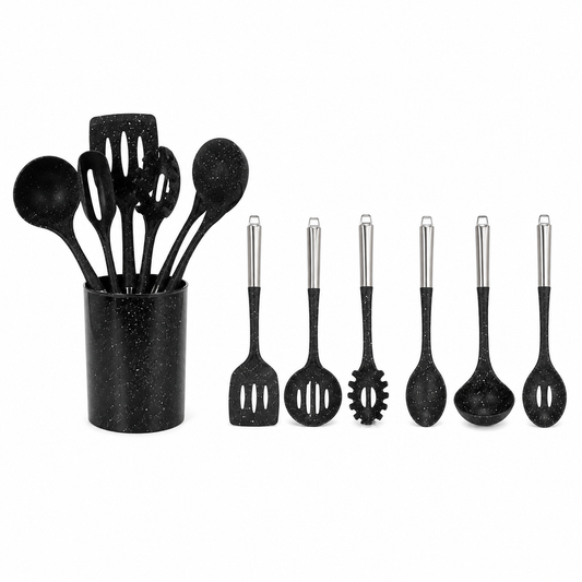12 Pcs Kitchen Spoon & Utensil Set with Holder – Black Speckled