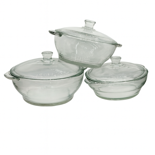 3-Piece Clear Glass Casserole Set – Heat-Resistant Cooking & Serving Bowls with Lids (Total 3250 ml)