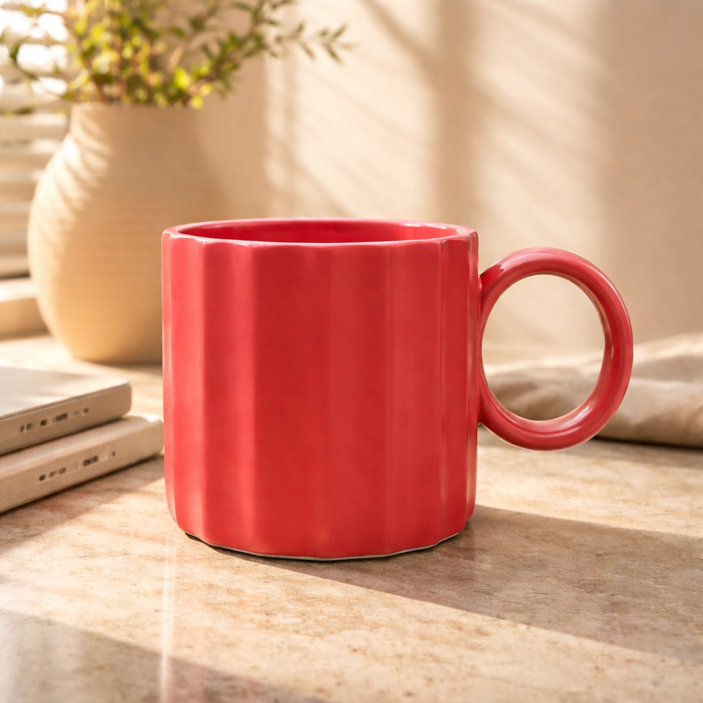 Ripple Textured Ceramic Mug – Modern Ribbed Coffee & Tea Cup (Coral Red) - Habitt