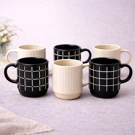 Pack of 6 Ceramic Grid Pattern Mug Set – Black & Beige Coffee & Tea Cups