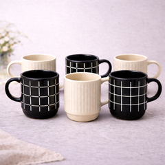 Pack of 6 Ceramic Grid Pattern Mug Set – Black & Beige Coffee & Tea Cups