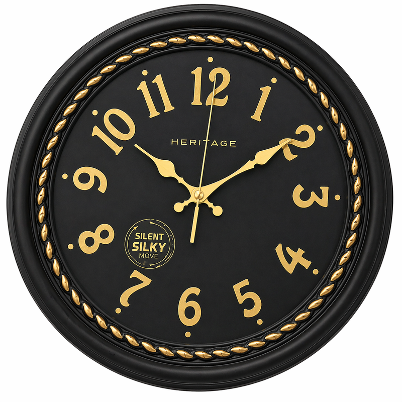 Heritage Hazel Wall Clock 14.5 Inch – Black & Gold Classic Design with Beaded Detailing (Plastic) - Habitt