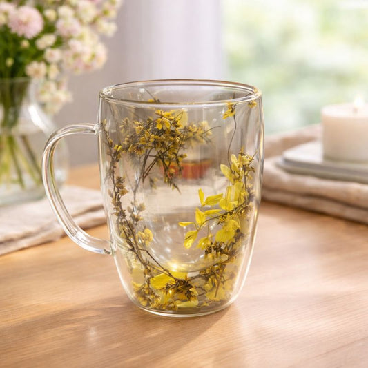 Double Wall Floral Mug – Transparent Tea & Coffee Cup with Dried Flowers