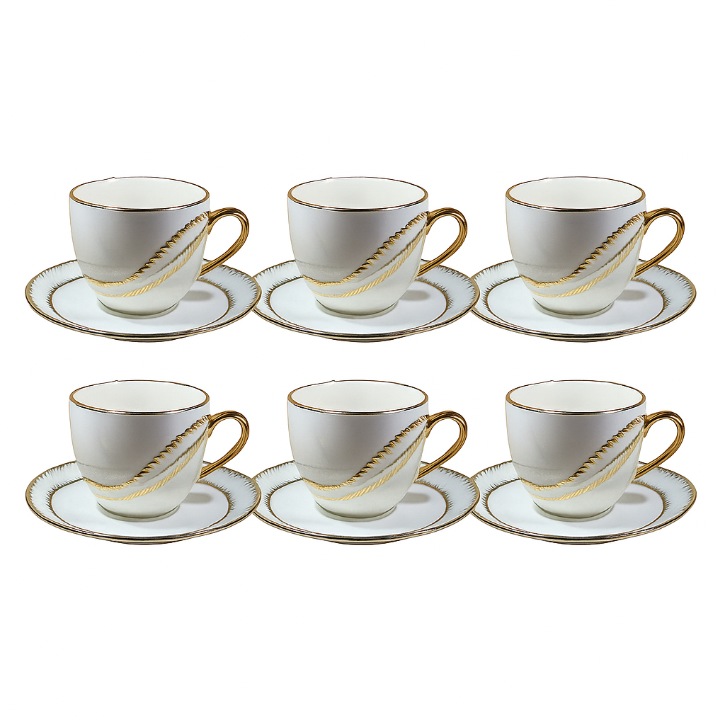 Golden Leaf Style Cup &amp; Saucer Set – 6 Pcs (Printed Gift Box)