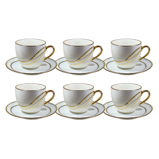 Golden Leaf Style Cup &amp; Saucer Set – 6 Pcs (Printed Gift Box)