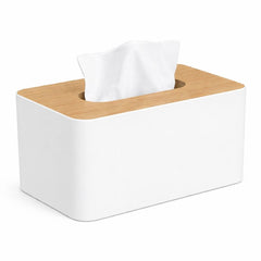 Modern Tissue Box Holder – White with Wooden Finish Lid