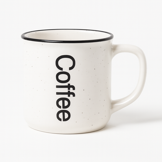 Classic White Ceramic Coffee Mug – Speckled Cup with Bold Print