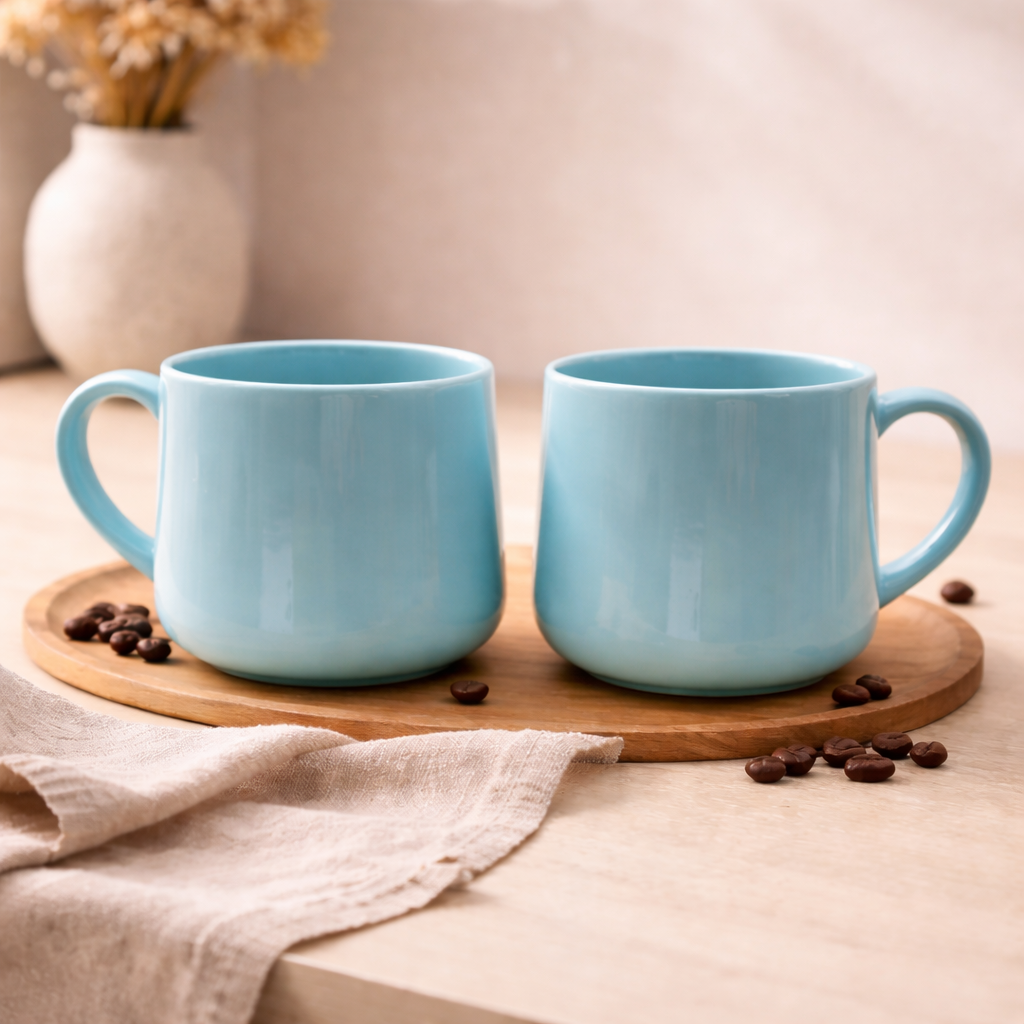 Pack Of 2  Modern Sky Blue Ceramic Coffee Mug Set – Glossy Finish Tea Cups for Home & Café - Habitt