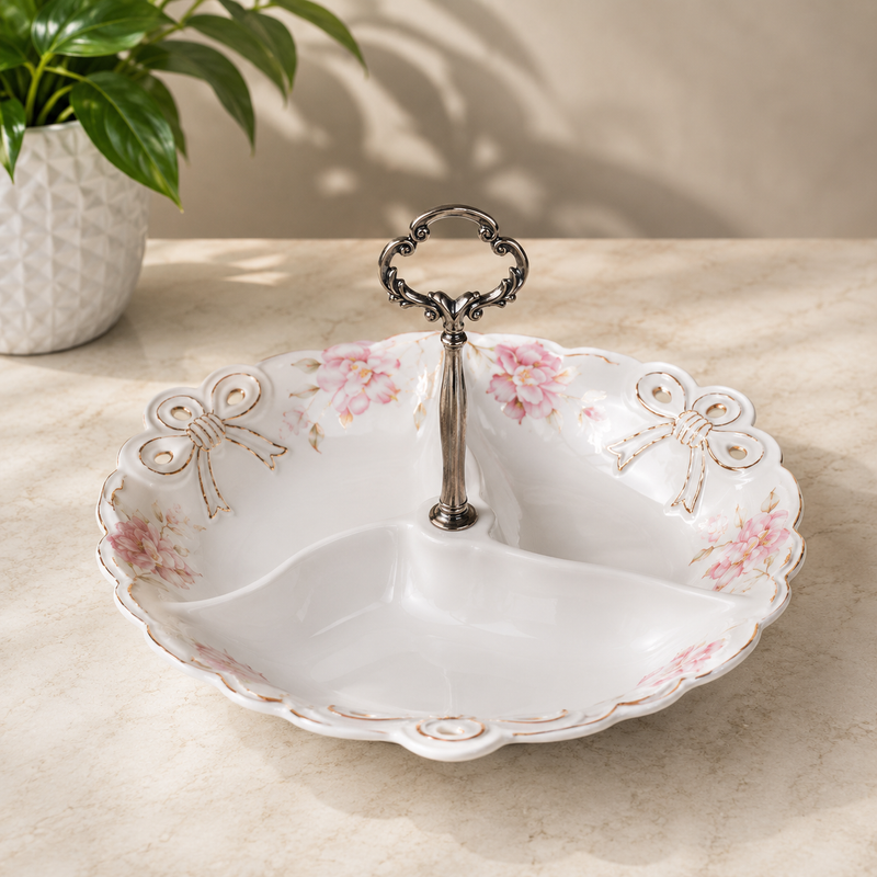 9 Floral 3-Section Pastry Stand | Ceramic Dessert & Snack Serving Platter