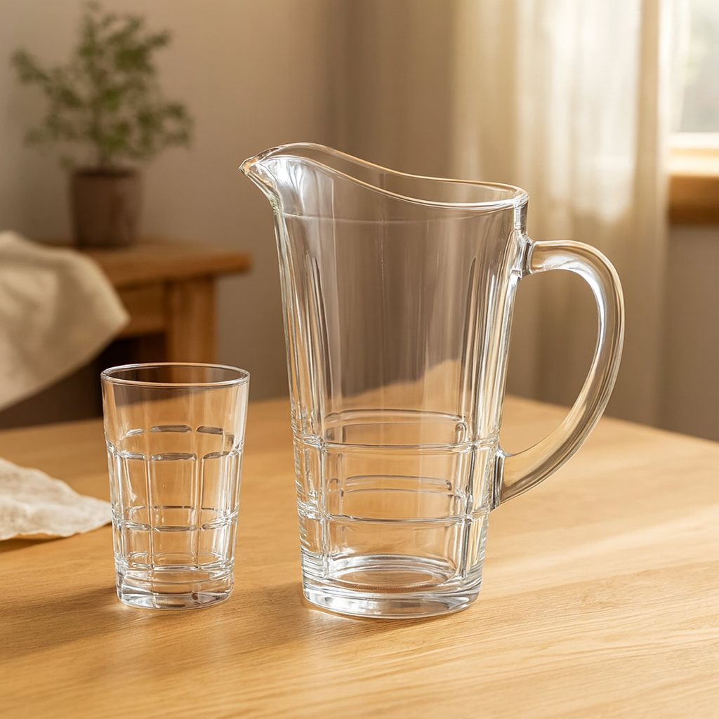 Vertical-Rib Cut Glass Water Set – 7-Piece Set (1.58 L Jug + 278 mL Glasses)