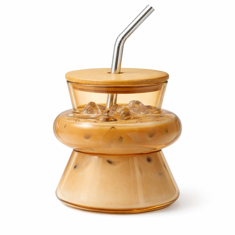 Transparent Golden Glass Mason Jar – Elegant Drink Jar with Wooden Lid & Steel Straw - Habitt