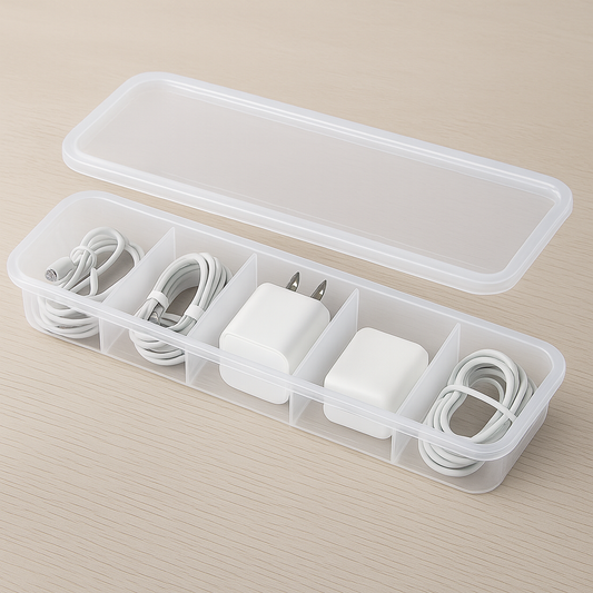 Multipurpose 5-Partition Storage Box – Transparent Organizer Case for Cables, Chargers, Jewelry &amp; Stationery | Durable Plastic Box with Lid