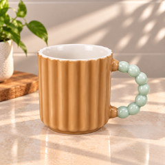 Pastel Ribbed Ceramic Coffee Mug with Beaded Handle – Cute Tea & Coffee Cup