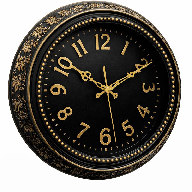 Heritage Hazel Wall Clock 14.5 Inch – Elegant Black & Gold Floral Design with Classic Numerals (Plastic)  Description - Habitt