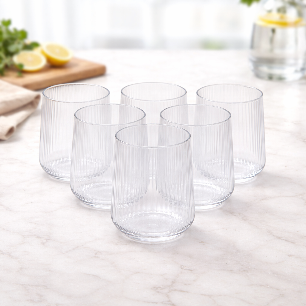 6Pcs Tumbler Set – 440ml Ribbed Clear Drinking Glasses - Habitt