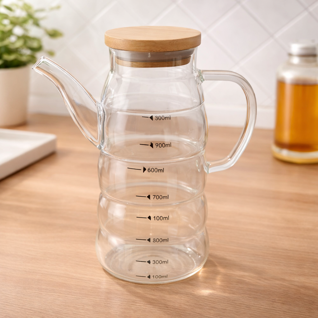 Tempered Glass Oil Bottle with Measurement Line – Heat-Resistant Kitchen Oil Dispenser with Handle & Lid - Habitt