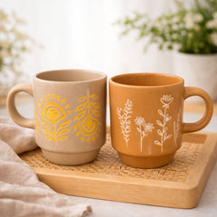 Pack Of 2  Mini Ceramic Mug Set – Floral & Sun Pattern | Small Coffee & Tea Cups