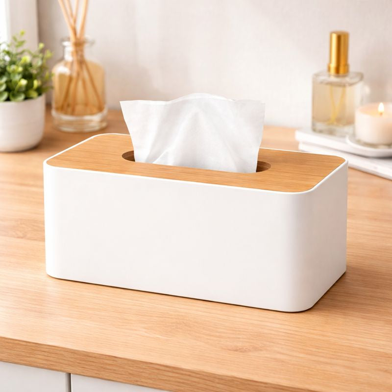 Modern Tissue Box Holder – White with Wooden Finish Lid