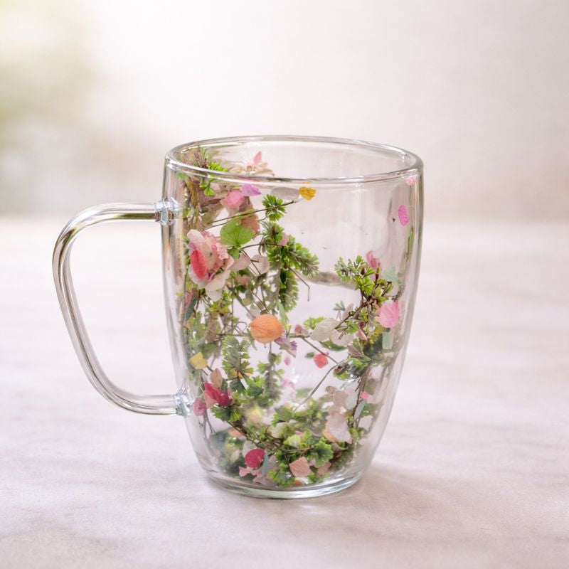 Double Wall Floral Mug – Transparent Tea & Coffee Cup with Dried Flowers