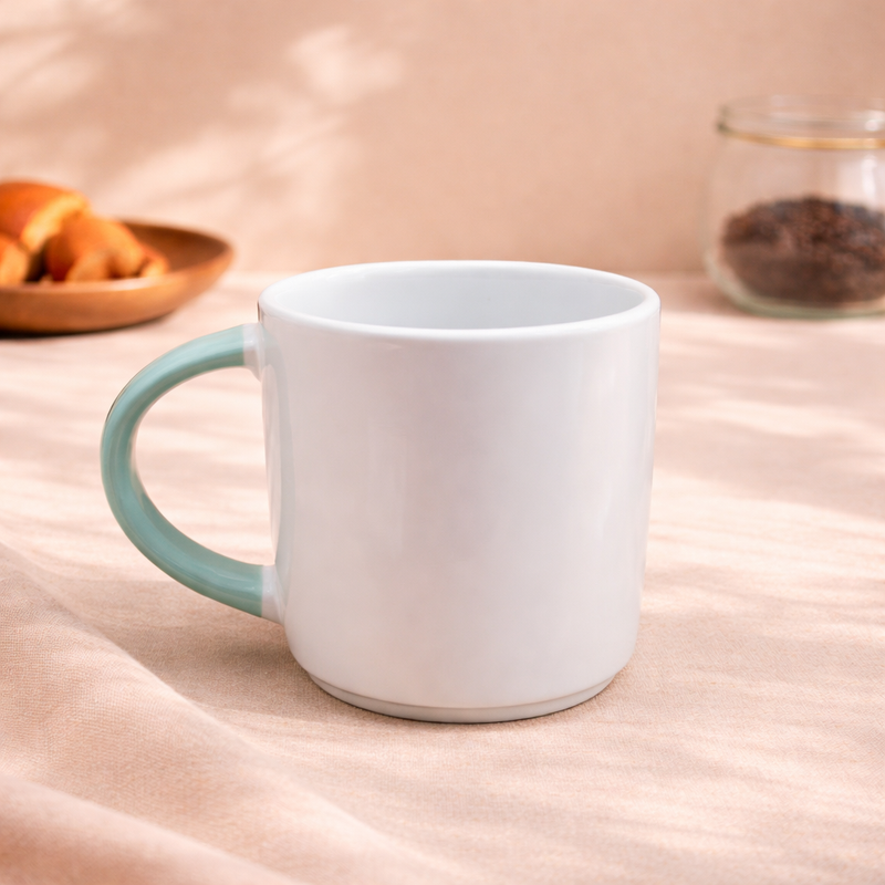 Minimal White Coffee Mug with Teal Handle – Modern Ceramic Tea & Coffee Cup - Habitt