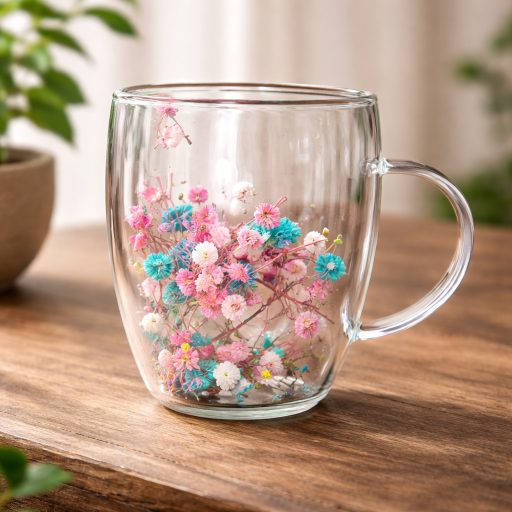 Flower Double Wall Glass Mug – Cotton Candy Floral Aesthetic Cup - Habitt