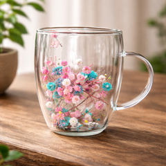 Flower Double Wall Glass Mug – Cotton Candy Floral Aesthetic Cup - Habitt