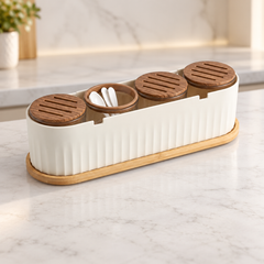 Wonder 4 Grid White Masala Box with Spoon | Spice Storage Box