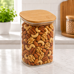 Transparent Storage Jar with Wooden Lid, Square Shape, Clear, Medium - Habitt