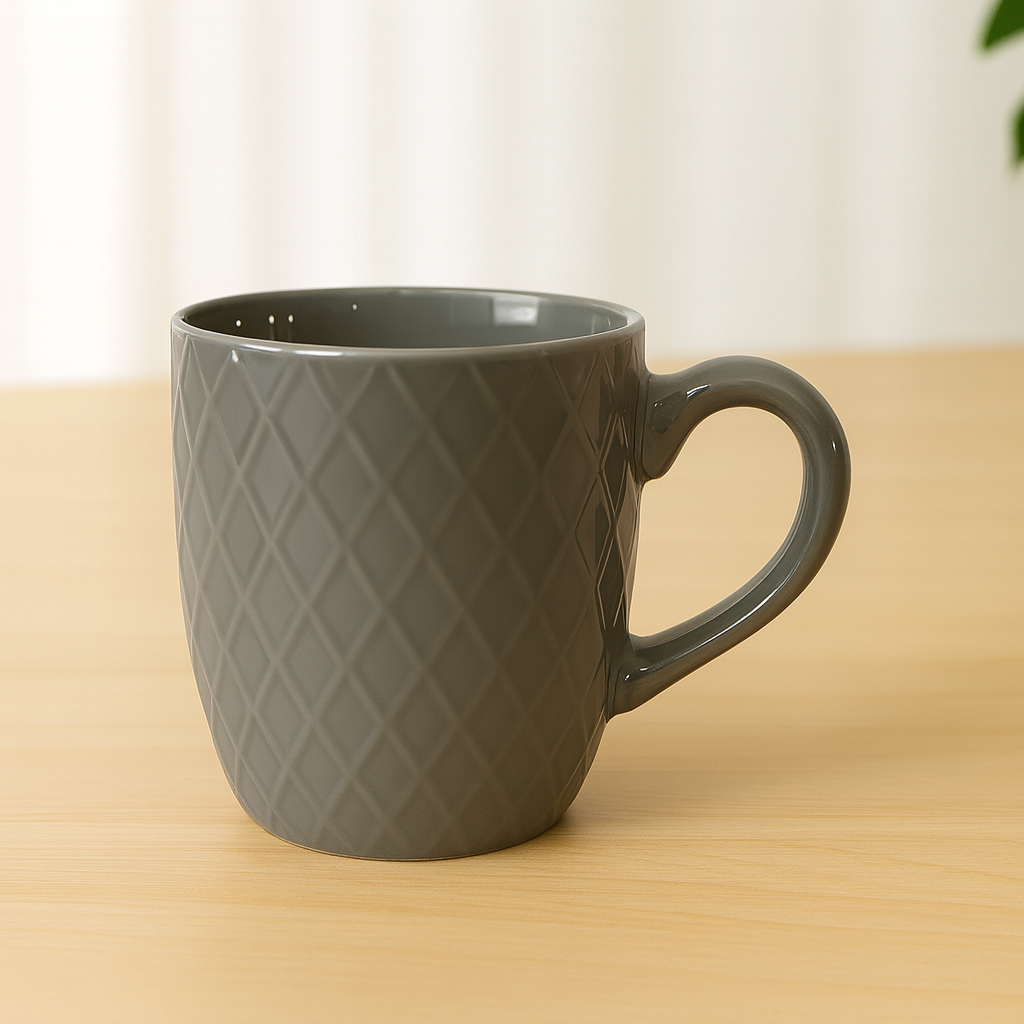 Textured Diamond Ceramic Mug – Modern Coffee & Tea Cup in Grey