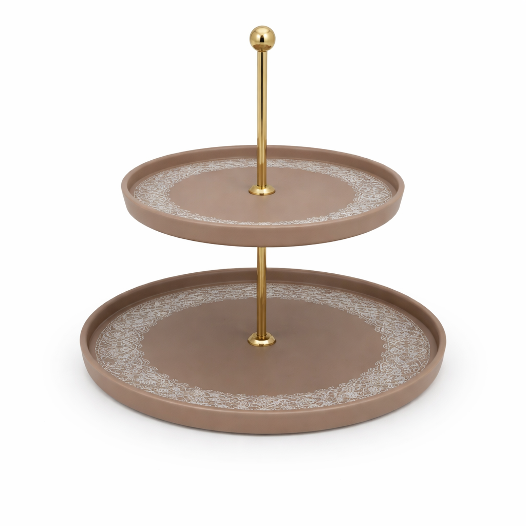 Elegant 2-Tier Brown & Gold Pastry Stand – Classic Dessert Serving Display