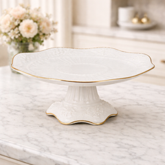 Medium White Porcelain Fruit Dish with Gold Trim – Elegant Pedestal Serving Dish (23×23×10 cm)