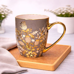 Ceramic Coffee Mug with Gold Handle – Floral Print Design (Blue, Pink, Grey)