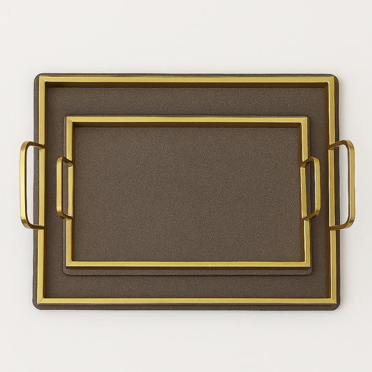 Leather Tray Set of 2 – Brown with Gold Handles | Luxury Decorative Serving Trays