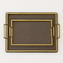 Leather Tray Set of 2 – Brown with Gold Handles | Luxury Decorative Serving Trays