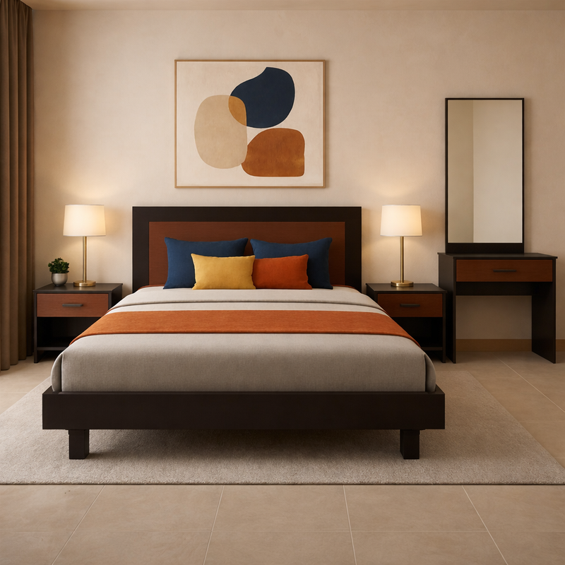 Ozmane Dark Tune Set  (Bed with Sides, Dresser and Mirror) - Habitt