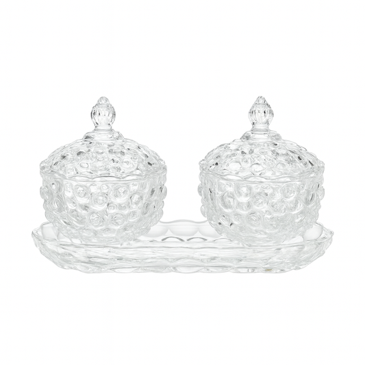 Textured Clear Glass 3-Piece Candy & Serving Set with Tray – Decorative Lidded Bowls