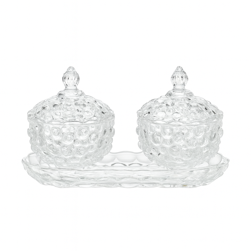 Textured Clear Glass 3-Piece Candy & Serving Set with Tray – Decorative Lidded Bowls - Habitt
