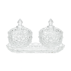 Textured Clear Glass 3-Piece Candy & Serving Set with Tray – Decorative Lidded Bowls