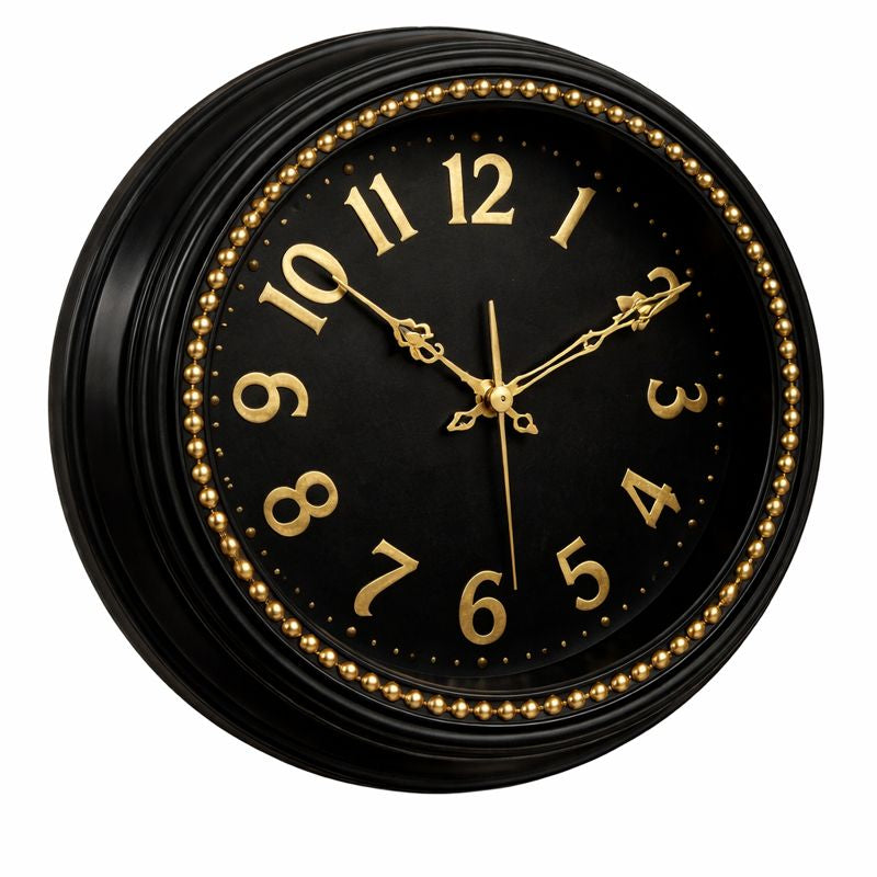 Heritage Hazel Wall Clock 14.5 Inch – Black & Gold Classic Design with Beaded Detailing (Plastic)
