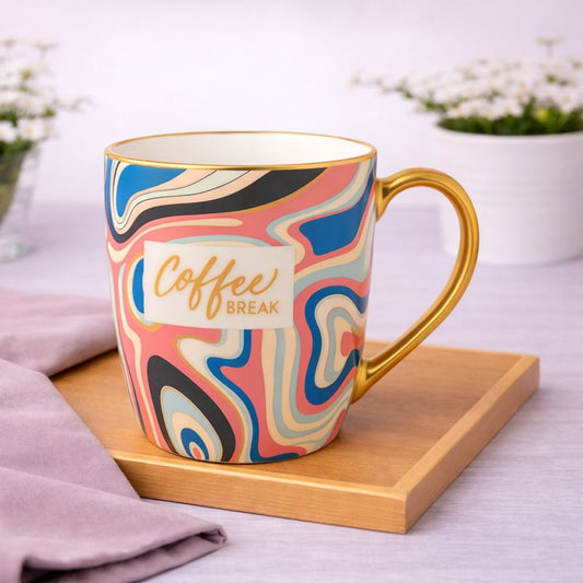 “Coffee Break” Marble Ceramic Mug – Multicolor Gold Handle Coffee Cup