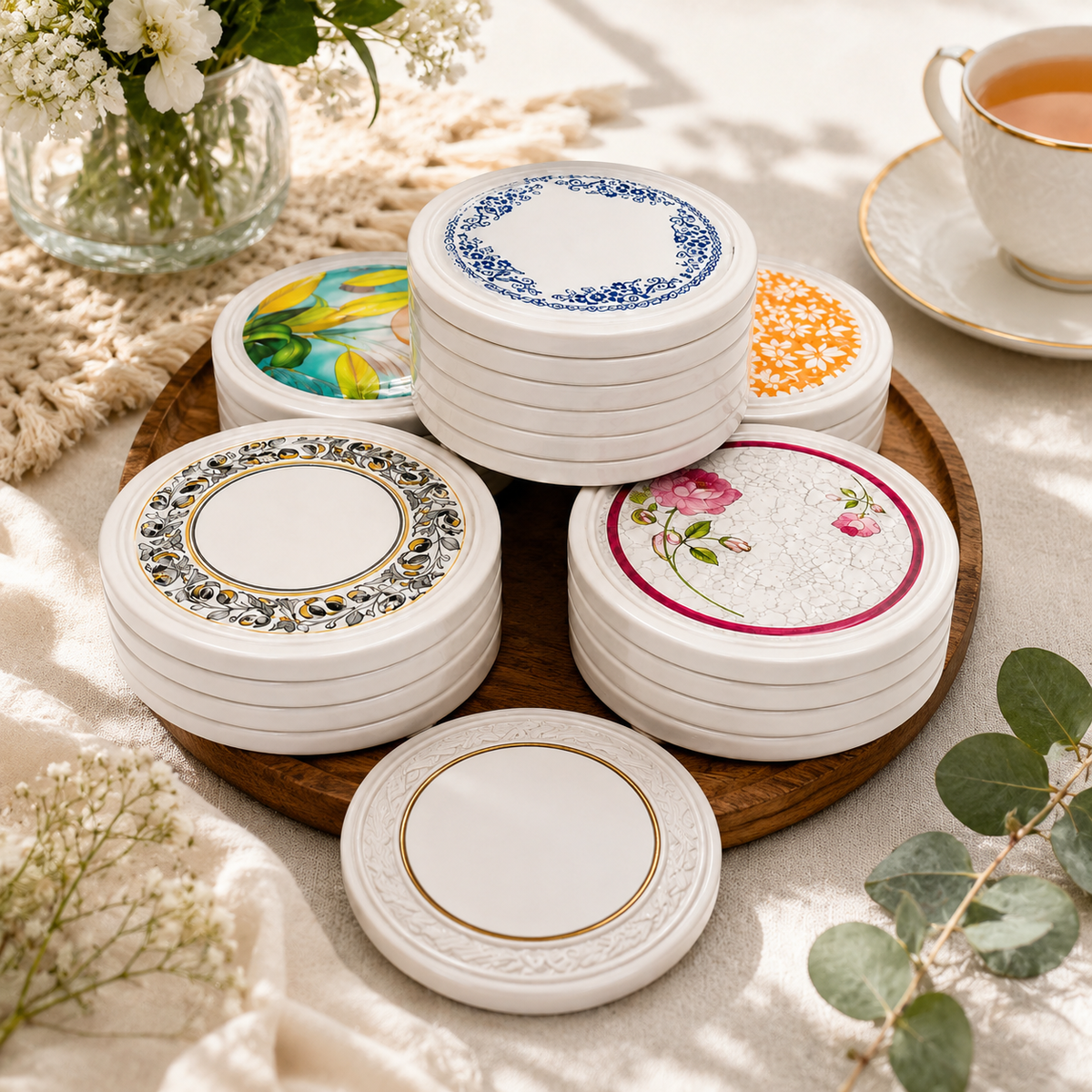 Tea Coaster 6PCS Assorted | Decorative Heat Resistant Cup Coaster Set for Dining & Coffee Tables